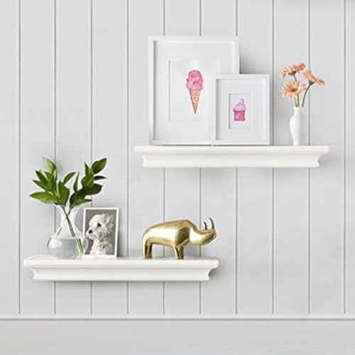 AHDECOR Modern White Floating Shelves, Sleek Wall Mounted Storage Solution for Living Room, Bedroom, Bathroom, and Kitchen Decor, Set of 2