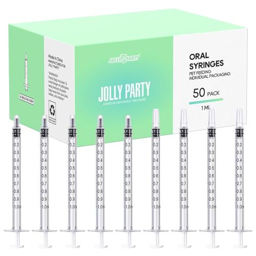 JOLLY PARTY 50 Pack 1ml Syringes with Caps, 1cc Syringe without Needle, Small Oral Syringe with Tip Cap Individually Wrapped for Scientific Labs, Liquid Measuring, Pet Feeding, Oil & Glue Dispenser