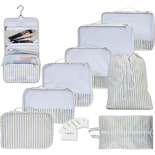 9 Set Packing Cubes - Suitcase Organizer, Cute Packing Cubes, Travel Bags Organizer for Luggage with Hanging Toiletry and Shoe Bag, Travel Essentials for Women, Men and Kids -Stripe