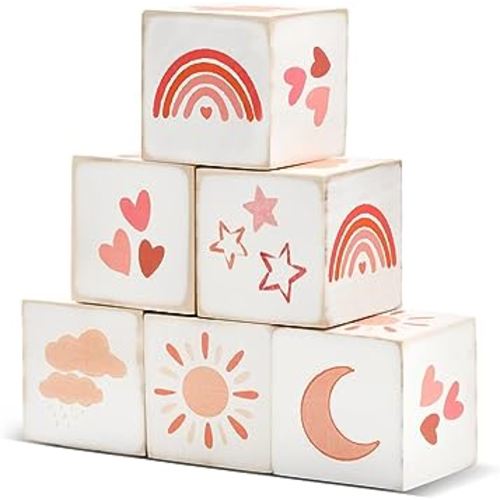 Kigley 6 Pcs Rainbow Nursery Décor for Girls and Boys Nursery Decor Watercolor Shelf Decor Muted Rainbow for Minimalist Nursery - Neutral Moon, Stars, Clouds Baby Blocks for Bedroom Playroom Gifts