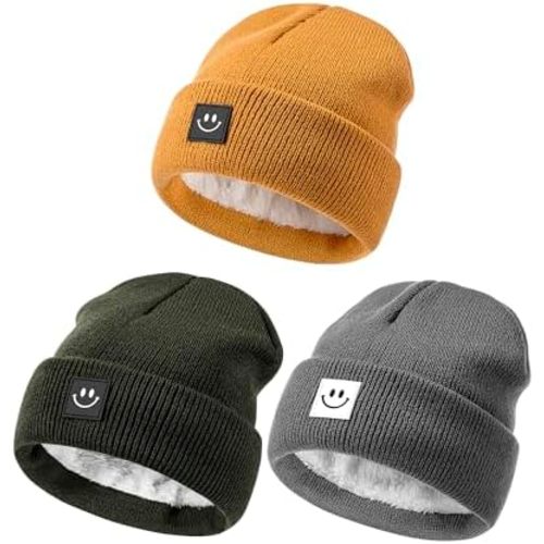 Hispeka Baby Beanie Hat 3 Packs with Cute Smiley Face, Toddler Girls Boys Baby Hats Winter, Kids Winter Hat Cold Weather