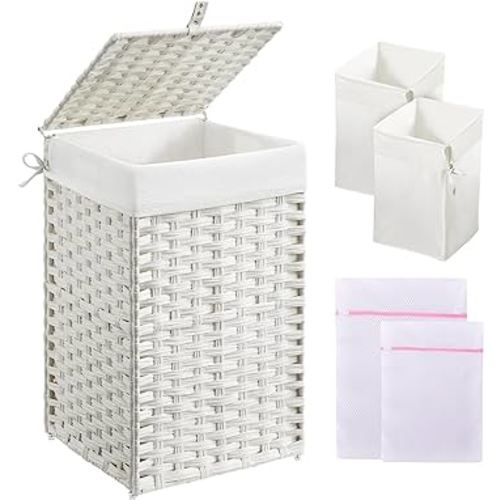 Greenstell Laundry Hamper with Lid, 60L Clothes Hamper with 2 Removable Liner Bags & 2 Mesh Bags, Handwoven Synthetic Rattan Basket, Toys in Bathroom, Bedroom White