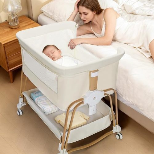 suihuooo 4-in-1 Baby Bassinet, Portable Bassinet Bedside Sleeper with Wheels and Storage Basket, 7 Height Adjustable Breathable Mesh Rocking Bassinet with Mosquito Net for Newborn-White