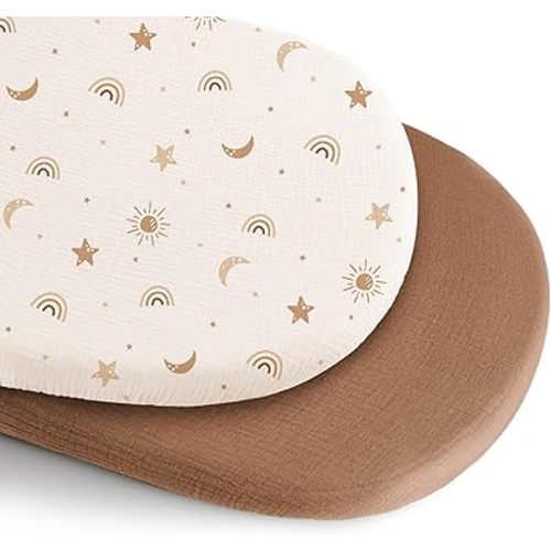 Konssy 2 Pack Muslin Bassinet Sheets for Baby Boy, 100% Cotton Soft Breathable Bassinet Mattress Sheets Fit for Hourglass Oval Cradle Rectangle Mattress (Sunbeam Yellow,Coffice)