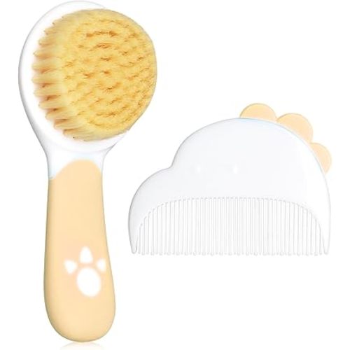 Baby Hair Brush and Comb Set, Soft Bristles Cradle Cap Brush for Newborns, Toddlers, Baby Registry Gift (Camel)