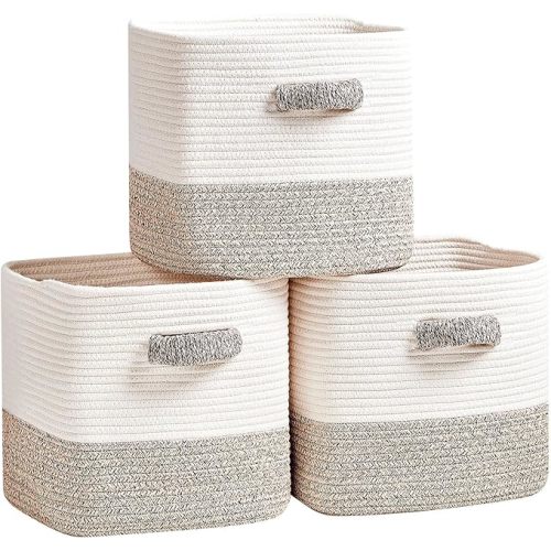 R RUNKA Storage Cube Baskets 3-Pack - 11 inch Square Baskets, Closet & Shelves Organizers - Woven & Drawer Storage - Ideal for Toys | White & Beige