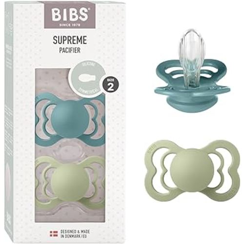 BIBS Pacifiers - Supreme Collection | BPA-Free Baby Pacifier | Made in Denmark | Set of 2 Island Sea/Sage Color Premium Soothers | Size 6-18 Months