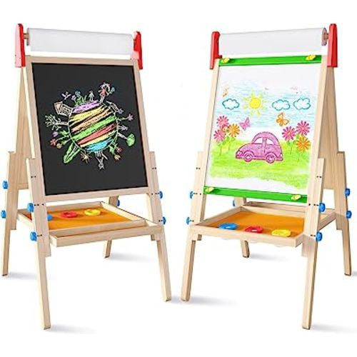 Easel for Kids with 2 Drawing Paper Roll, Learning-Toy for 3,4,5,6,7,8 Years Old Boy & Girls, Wooden Chalkboard & Magnetic Whiteboard & Painting Paper Stand, Gift & Art Supplies for Toddler