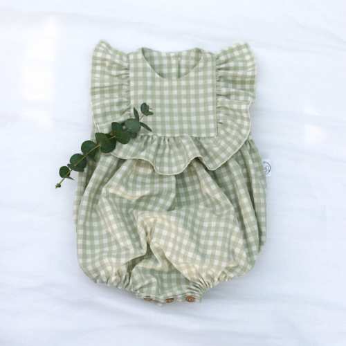 Gingham bubble romper for baby girl, Baby girl spring outfit, Ruffle romper for toddler, Sage green summer romper, Checked seersucker romper