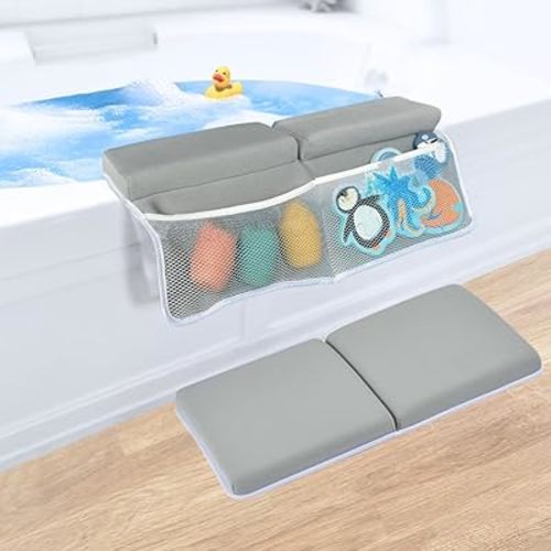 Baby Bath Kneeler and Elbow Rest Pad Set Thick & Comfortable 1.5", with Extra Storage for organizing Bath Toys. Quick Dry and Foldable. Perfect for Newborn Bath Essentials