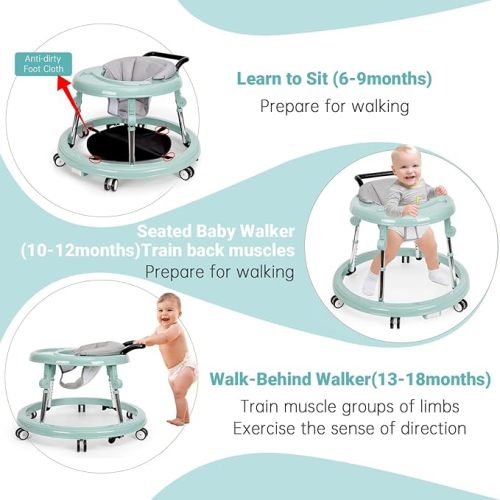 Baby Walker Foldable with 9 Adjustable Heights, Baby Walkers and Activity Center for Boys Girls Babies 6-12 Months, Baby Walker and Bouncer Combo with Wheels Portable Anti-Rollover