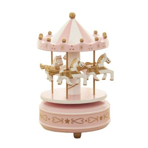 YLLSF Christmas Birthday Carousel Music Box with Vintage Pink Wooden Merry Go Round Horse Nostalgic Design Lightweight and Portable, pink