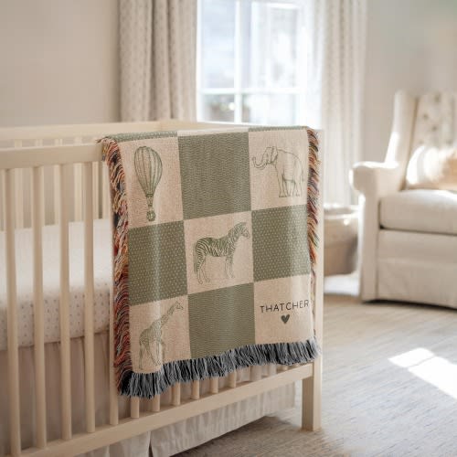 Personalized Safari Baby Blanket Safari Animals Blanket Custom Baby Name Blanket Baby Shower Gift Safari Theme Nursery Decor Woven Blanket