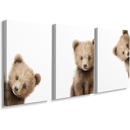 Peeking Bear Canvas Wall Art Set of 3,Baby Bear Nursery Prints,Gender Neutral Posters for Kids Room Wall Decor Picture for Nursery Boys Girls Room Framed 12"x16"