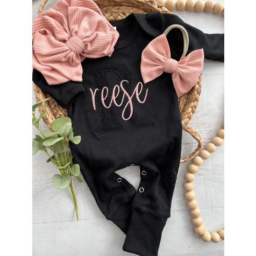 Personalized black lace and blush pink baby romper with fold over footies, custom coming home outfit for girl, baby shower gift