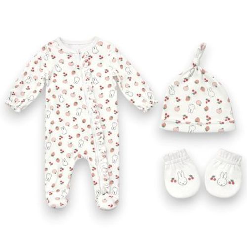 Miffy Baby Girls’ 3-Piece Ultra-Soft Sleep N’ Play Coverall, Beanie & Mitten Layette Set, White/Fruits, 6 Months