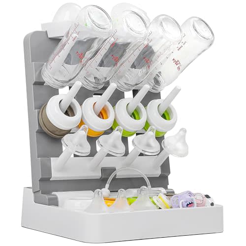 CINWWNI Baby Bottle Drying Rack, Vertical Standing Bottle Drying Rack Holder-Space Saving Baby Bottle Organizer for Countertop-Holds Up to 12 Baby Bottles & Pump Parts (White & Dark Gray)