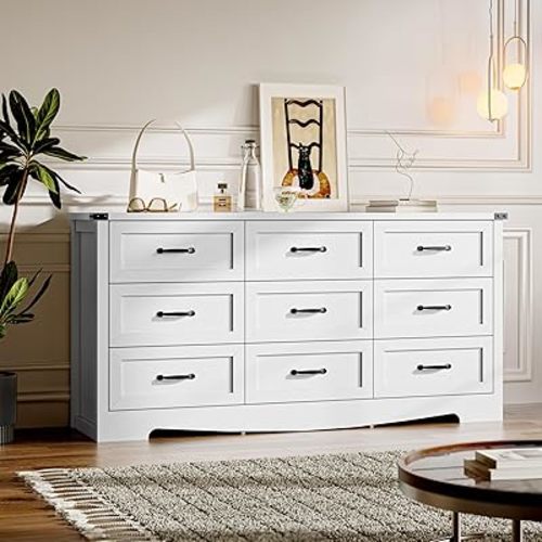 9-Drawer Dresser for Bedroom, Modern Wooden Chest of Drawers with Metal Handles, Anti-Tipping Design, Sturdy and Stable Storage Organizer for Living Room, Entryway, Home Office