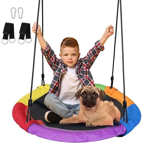 Saucer Swing – 40’’ Tree Swing Seat with 900D Oxford Waterproof Fabric for Kids & Adults | 700 lbs Weight Capacity | Adjustable Straps & 2 Carabiners for Indoor & Outdoor Fun (Rainbow)