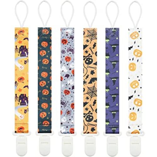 Halloween Pacifier Clips, 6 Pack Binkie Paci Holder Clips for Boys and Girls Fits for Most Pacifiers, Teethers & Toys and Holiday Gift(Bone,Skull,Ghost,Pumpkin)