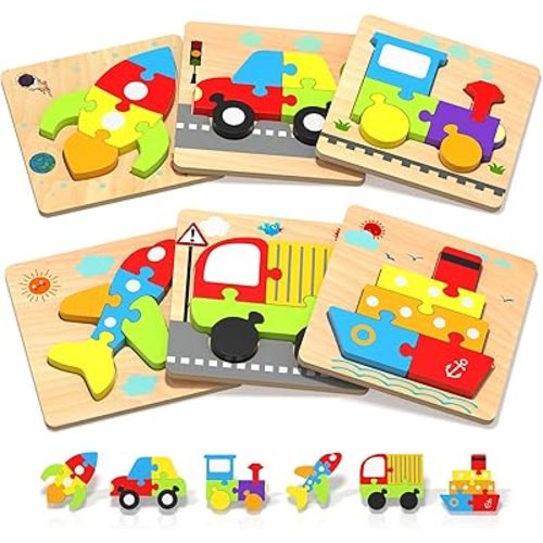 Wooden Puzzles Toddler Toys for 1 2 3 Years Old Boys Girls, 6 Vehicle Shape Learning Educational Blocks Birthday Gifts Sensory Toy Montessori Toys Age 1-3, 2-4
