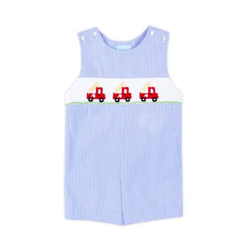 Fire Truck Light Blue Stripe Smocked Jon Jon