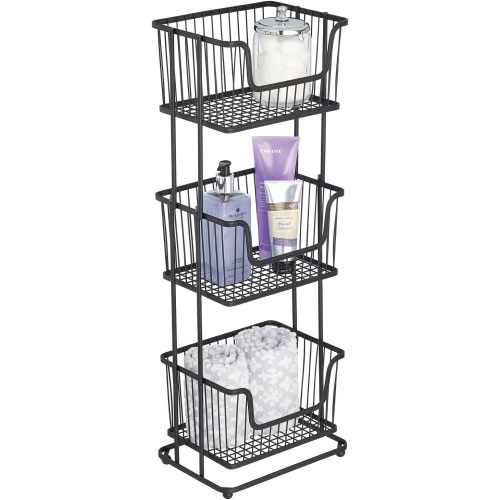 mDesign Tall 3 Basket Tiered Bathroom Holder, Metal Wire Floor Stand Storage Layered Rack with Three Tier Storage Shelving Bathroom Organizer Bins for Bath Towels, Hand Soap, and Toiletries - Black