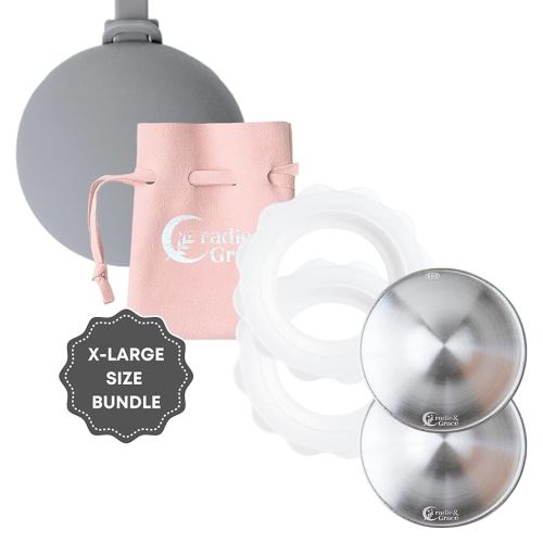 Cradle & Grace Silver Nursing Cups & Bloom Bands, Pure 999 Silver Nipple Shield & Silicone Comfort Rings, Nursing Moms Breastfeeding Essentials Bundle, Gray, X-Large