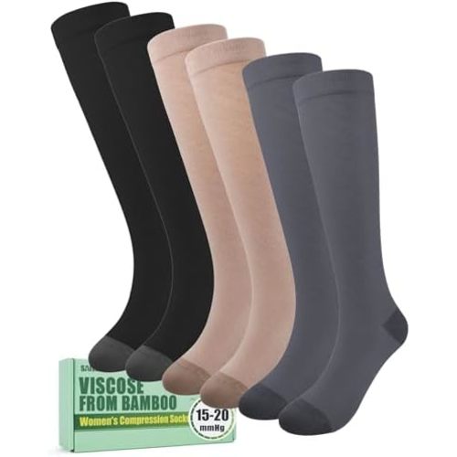 Compression Socks for Women 15-20 mmHg, Viscose from Bamboo, 3-Pair Knee High for Travel, Work & All-Day Comfort