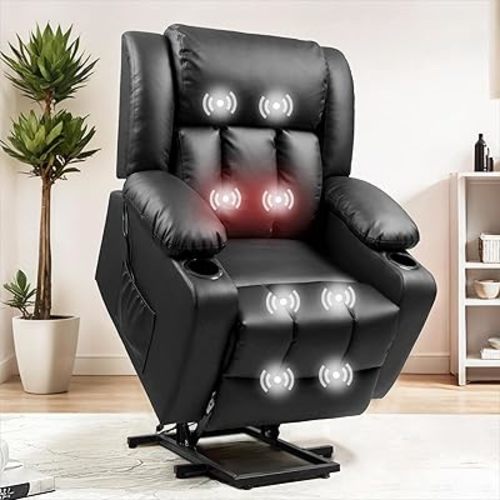 FLEXISPOT XL31 Power Lift Recliner Chair for Elderly, Electric Lift Chair with Massage & Heat, PU Leather Reclining Sofa w/Cup Holders, Side Pockets for Living Room Bedroom, Black