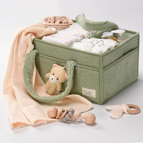 PeraBella Baby Diaper Caddy Organizer for Changing Table, Baby Storage Basket for Diapers and Baby Wipes, Gift for Baby Shower, Car Caddy Organizer, Nursery Diaper Organizer, Portable Diaper Storage - Extra Large - Lily Green