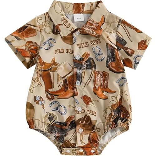 Western Baby Boy Clothes Cowboy Shirt Romper Short Sleeve Onesie Button Down Bodysuit Infant Summer Gentleman Outfit