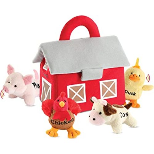 Bundaloo Plush Farm Animal Toys with Realistic Sounds - Plushie Play Set with Barn Carrier