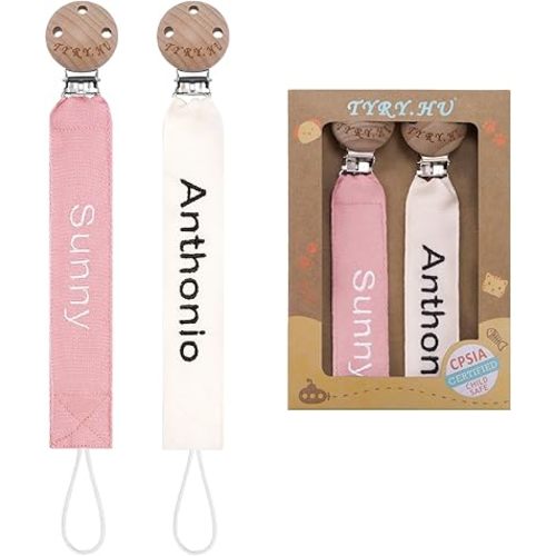 TYRY.HU Personalized Pacifier Clip with Name, Embroidery Pacifier Holder for Baby Girls and Boys, Neutral Binky Clips Universally Fit All Pacifiers & Baby Toys, Baby Gift, 2 Pack(Beige,Pink)