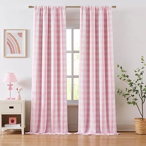 Bapawfish 90 Inch Pink White Buffalo Plaid Full Blackout Curtains with Liner,Farmhouse Buffalo Check Drapes for Bedroom Living Room,Thermal Insulated Window Treatment,Rod Pocket Back Tabs,Pack of 2