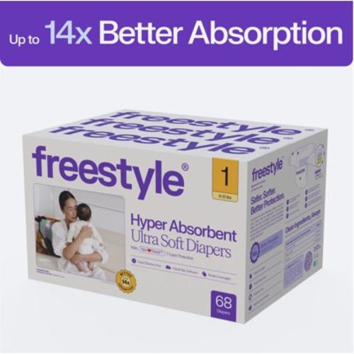 Freestyle Hyper Absorbent Ultra Soft Baby Diapers, Size 1, 68 Count (Select for More)