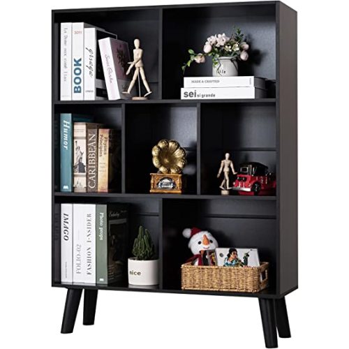 YAHARBO Black Bookshelf,3 Tier Modern Bookcase with Legs,Bookshelves Wood Storage Shelf, Open Book Shelves Cube Organizer,Freestanding Short Bookcases