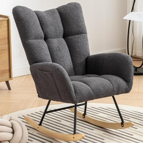 Whalemon Rocking Chair Nursery, Teddy Upholstered Glider Rocker with High Backrest, Reading Chair Modern Rocking Accent Chairs Glider Recliner for Living Room, Nursery, Bedroom,Gray