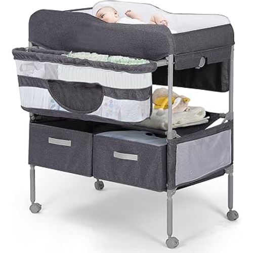 Baby Changing Table, Portable Changing Table with 2 Storage Baskets, Adjustable Heights, Foldable Changing Table Dresser with Soft Waterproof Changing Station for Newborns & Infant