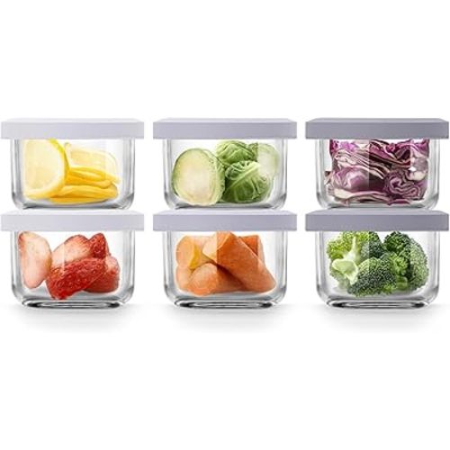 Comotomo Glass Baby Food Storage Containers, 4 oz Jars with Silicone Lids, Airtight Baby Food Prep Cups for Purees, Snacks, Daycare and Small Leftovers, Microwave and Dishwasher Safe, Set of 6
