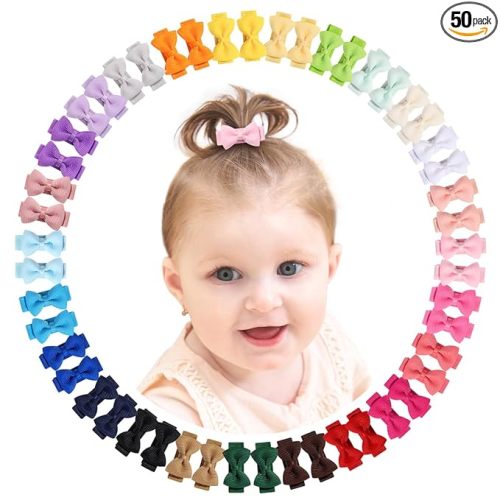 Fully Lined Grosgrain Ribbon Mini Hair Clips and Bows for Girls - 1.2" Tiny Hair Clips and Bows for Infants' Fine Hair (25 Color Pairs, 50 Pieces)