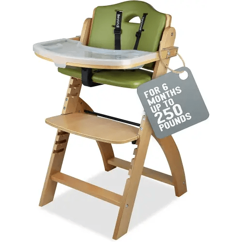 Abiie Beyond Junior Wooden High Chair with Tray - Convertible Baby Highchair - Adjustable High Chair for Babies/Toddlers/6 Months up to 250 Lbs - Stain & Water Resistant Natural Wood/Olive Cushion