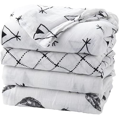 upsimples Baby Swaddle Blanket Unisex Swaddles Wrap Soft Silky Muslin Neutral Receiving Blankets for Boys and Girls, Large 47 x 47 inches, Set of 4 - Arrow/Feather/Tent/Crisscross