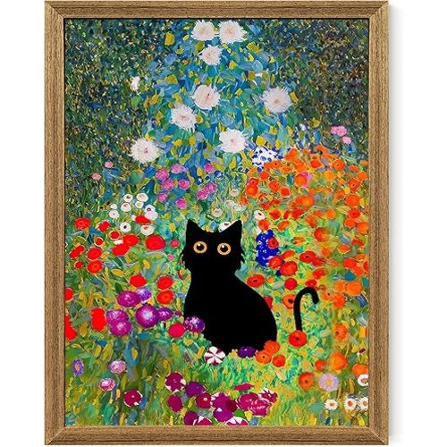 Fantasy Artists Gustav Klimt Canvas Wall Art, Framed Aesthetic Cat Floral Wall Decor, Garden Flower Black Cat Poster Paintings for Living Room Bedroom Bathroon, Dorm Home Decorations, 12" X 16"