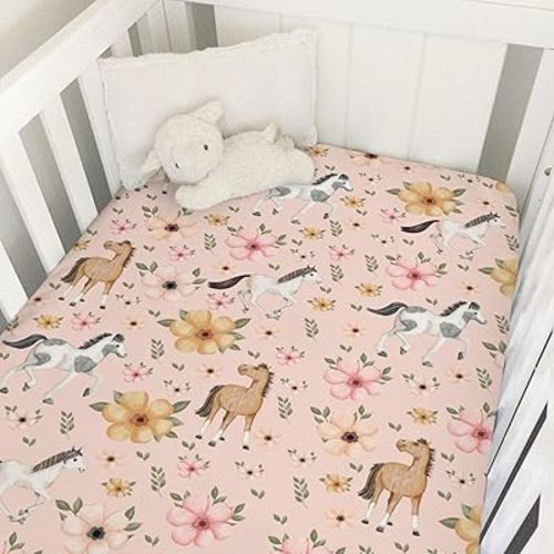 Watercolor Horse Floral Baby Crib Sheets 52''x28'' Cute Horses Boho Retro Flowers Pink Fitted Crib Mattress Cover for Boy Girl Soft Nursery Baby Bed Sheets for Standard Size Crib and Toddler Mattress