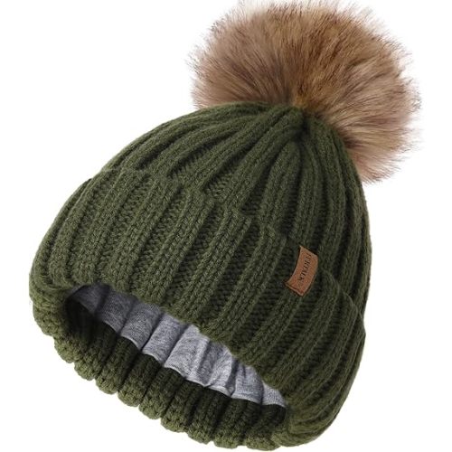 FURTALK Kids Winter Hat Toddler Knitted Pom Beanie Hat Cotton Lined Faux Fur Pom Pom Cap Baby Girls Boys Beanies