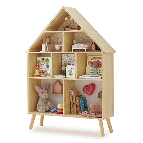 Curipeer Kids Dollhouse Bookshelf and Baby Storage - Wooden Stand Dollhouse Bookcase with 4-Tier Storage Display Organizer, Children Bookshelf for Playing Room, Nursery - Natural Wood Color