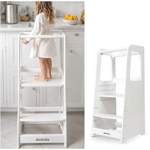dadada Baby Montessori Toddler Tower - Adjustable Kitchen Step Stool for Kids with Safety Rail - Baby-Safe Finish, Encourages Cooking Skills and Independence - White