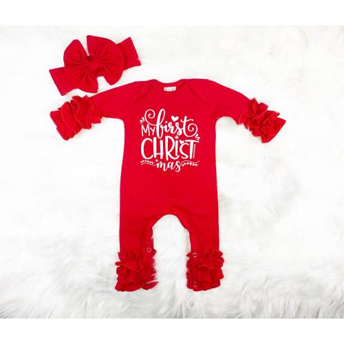 Baby Girl My First Christmas Outfit, Red Ruffled Newborn Romper, Baby Layette Set, Coming Home Outfit, Baby Shower Gift, 1st Holiday Clothes