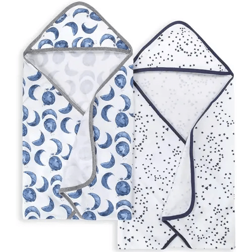 Burts Bees Baby Infant Hooded Towels Hello Moon! Organic Cotton, Unisex Bath Essentials and Newborn Necessities, Soft Nursery Towel with Hood Set, 2-Pack Size 29 x 29 Inch